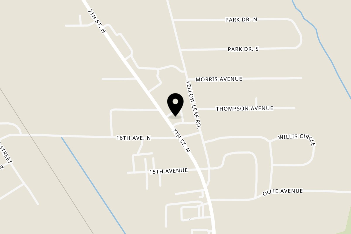 Map showing the location of Three Amigos Restaurant on 1604 7th Street North in Clanton